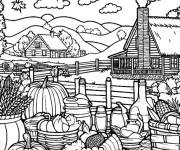 Coloriage Paysage du village et des l&eacute;gumes en Action De Gr&acirc;ce