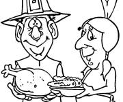 Coloriage P&egrave;lerin et am&eacute;rindien dr&ocirc;les avec le diner de Thanksgiving