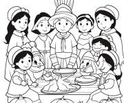 Coloriage Plusieurs enfants pr&eacute;parent la dinde de l'action de gr&acirc;ce