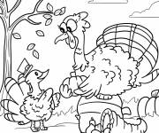 Coloriage Une grosse dinde passe une citrouille &agrave; un petit dindon