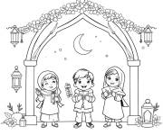 Coloriage Deux filles et un gar&ccedil;on c&eacute;l&egrave;brent l'eid