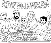 Coloriage Famille musulmane mange pendant l'Eid