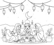 Coloriage Famille ouvre les cadeaux pendant l'eid