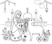 Coloriage Fille et agneau pendant Eid Al Adhha