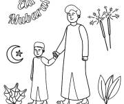 Coloriage Papa et fils vers le mosqu&eacute;e le jour de l'eid