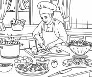 Coloriage chef qui hache des l&eacute;gumes pr&egrave;s de p&acirc;tes