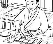 Coloriage Chef sushi qui pr&eacute;pare des rouleaux pour la F&ecirc;te de la Gastronomi