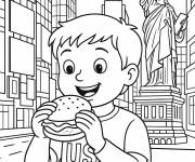 Coloriage Enfant mange un burger &agrave; New-York