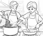 Coloriage Enfant qui pr&eacute;parent des p&acirc;tes et de la sauce