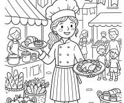 Coloriage Fille chef pendant la F&ecirc;te de la Gastronomie