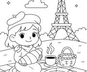 Coloriage et dessins gratuit Fille profite de Croissant et Pizza &agrave; paris à imprimer
