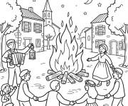 Coloriage Danser autour le feu de camp a la f&ecirc;te de la Saint-Jean