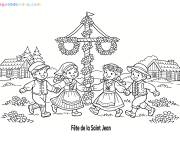 Coloriage Enfants dansant autour de l'arbre de la Saint-Jean