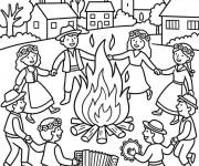 Coloriage Enfants dansent en cercle pendant la f&ecirc;te de la Saint Jean