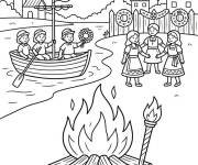 Coloriage Feu de camp, enfants et la danse en F&ecirc;te de la Saint-Jean