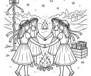 Coloriage et dessins gratuit Quatre filles dansant pendant la F&ecirc;te de la Saint-Jean à imprimer