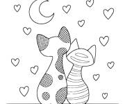 Coloriage et dessins gratuit C&oelig;urs et chats pour la f&ecirc;te des mamies à imprimer