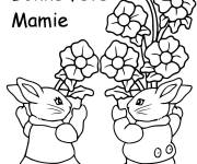Coloriage Deux lapins portent des fleurs pour la f&ecirc;te des grands m&egrave;res