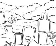 Coloriage Cimeti&egrave;re avec pierres tombales d&eacute;cor&eacute;e avec des citrouille