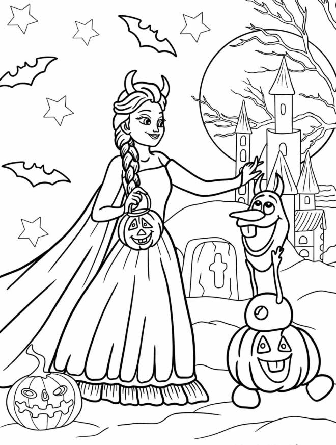 Coloriage Elsa et Olaf portent des cornes de diable Halloween