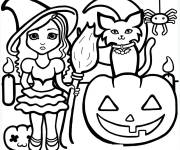 Coloriage Fille, chat et citrouille de Halloween