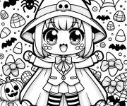 Coloriage Fille kawaii avec bonbons et araignées pour halloween