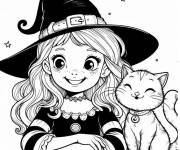 Coloriage Fille sorciere et chat pour Halloween