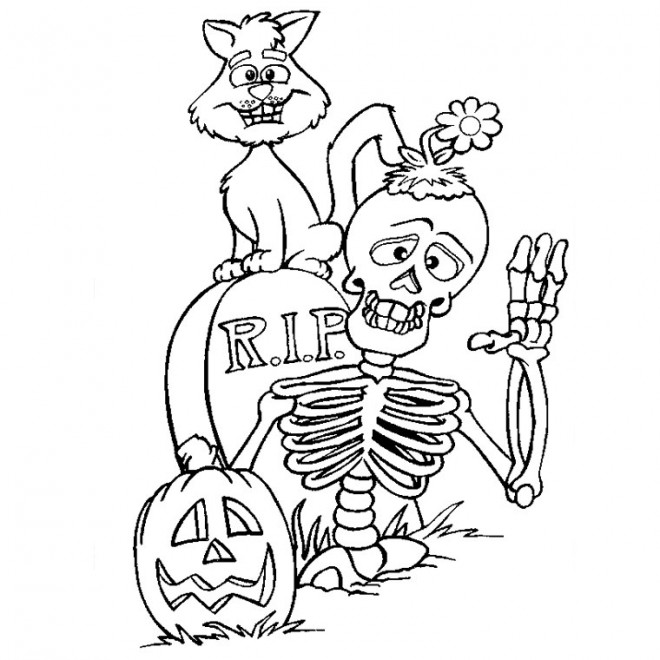 Coloriage Halloween Squelette Et Chat Noir Dessin Gratuit A Imprimer