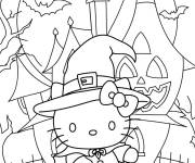 Coloriage Hello Kitty devant la maison hant&eacute;e