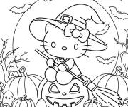 Coloriage Hello Kitty sur une citrouille de Halloween