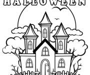 Coloriage Joyeux Halloween et maison hant&eacute;e