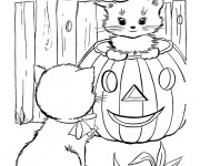 Coloriage Les chats et citrouille pendant l'Halloween