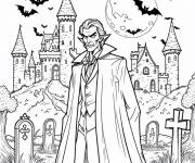 Coloriage Paysage de vampire devant le ch&acirc;teau pour Halloween