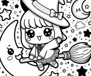 Coloriage Petite sorcière sur balai kawaii Halloween