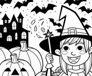 Coloriage Sorci&egrave;re, citrouille et chauve souris de Halloween en maternelle