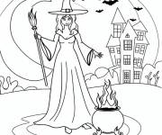 Coloriage Sorci&egrave;re de Halloween devant la maison hant&eacute;e