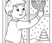 Coloriage Allumage de la Menorah par un gar&ccedil;on juif