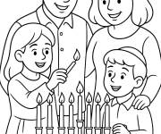 Coloriage Allumage de la Menorah par une famille juive