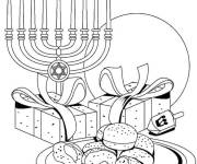 Coloriage cadeaux, dreidel et sufganiyah pour la fete juive