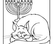 Coloriage Chat dormant et Menorah de Hanoucca