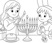 Coloriage Garcon et fille allumant le menorah