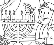 Coloriage Gar&ccedil;on juif allume la bougie pour Hanukkah
