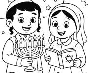 Coloriage Hanoukkah enfants en priant avec les symboles de la f&ecirc;te