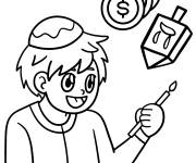 Coloriage Hanukkah gar&ccedil;on tenant une bougie avec de l'argent et une toupie