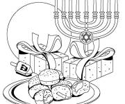 Coloriage Les symboles de Hanoukka Sufganiyah, cadeaux, dreidel et menorah