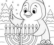 Coloriage Menorah et pingouin pour Hanoukka