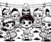 Coloriage Danse circulaire avec dhol kawaii