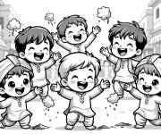 Coloriage Enfants et la bataille de poudres en Kawaii