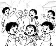 Coloriage Enfants lan&ccedil;ant de la poudre de gulal &agrave; Holi