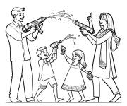 Coloriage Famille jouent avec l'eau pendant le Holi